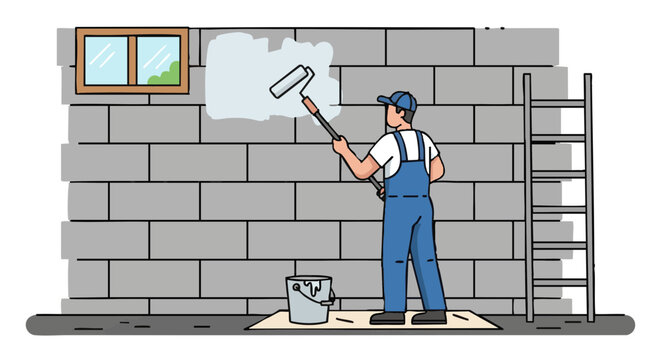Worker painting basement cinder block wall with paint roller