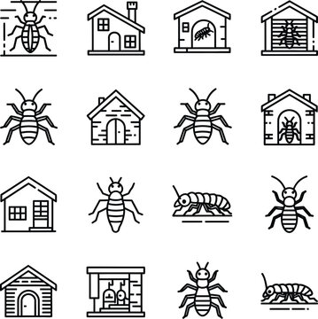 Black and white line of insects and houses line black and white pests