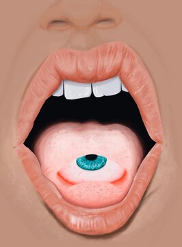 Surreal Mouth with Eyeball on Tongue &ndash; Surreal Concept Illustration
