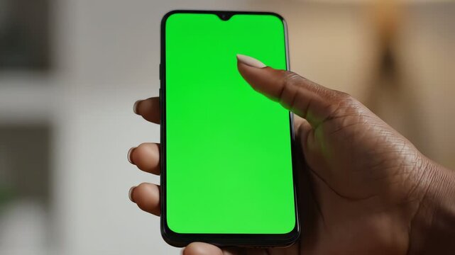 Close-up of a hand holding a smartphone with a green screen, ready for customization