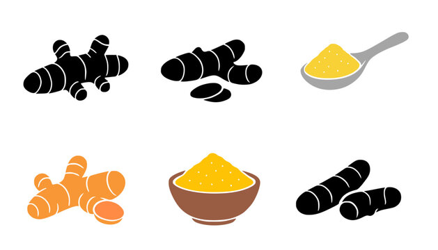Turmeric set icon illustration, in silhouette style, for spice or food design, isolated on transparent background