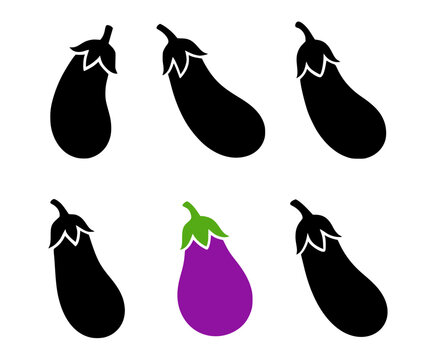 Eggplant set icon illustration, in silhouette style, for vegetable or food design, isolated on transparent background