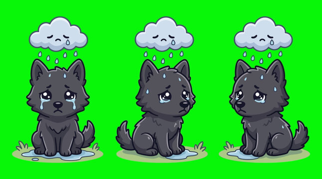 Three Sad Cartoon Wolves with Rain Clouds on Green Background.