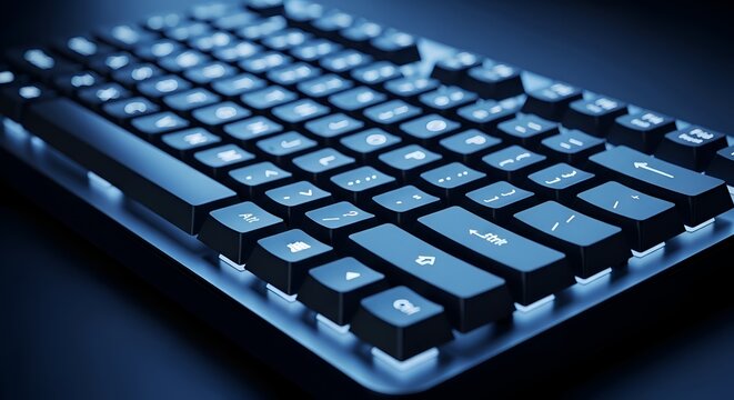 Close-up of a black computer keyboard with white backlighting and symbols
