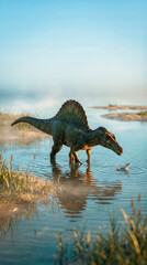 Fototapeta premium Spinosaurus hunting fish in a shallow river at golden hour. Vertical photo of a prehistoric predator with a large dorsal sail. Moss green dinosaur in a misty wetland landscape