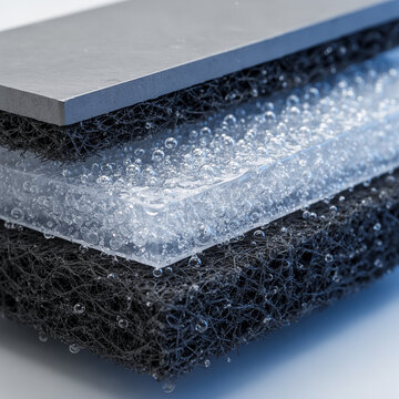 Microscopic view of Membrane Electrode Assembly (MEA) for PEM electrolyzer, showing platinum catalyst layer and hydrogen bubble formation in green hydrogen production.