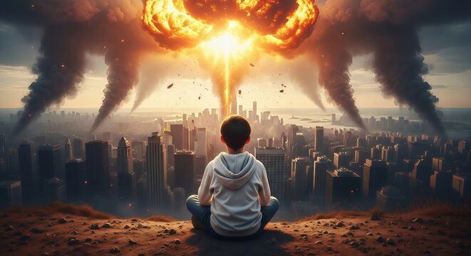 A boy sitting on a hill overlooking a city with a massive explosion