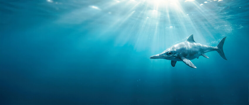 Ichthyosaurus swimming underwater in deep teal ocean. Prehistoric marine reptile gliding through water illuminated by strong sunbeams. Copy space for text