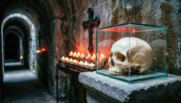 Human skull in a glass reliquary inside an ancient stone crypt. Memento mori concept with lit candles and dark arched hallway. Gothic religious artifact in catacomb