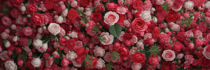 Fototapeta premium Romantic floral wall background made of red and pink roses for wedding designs