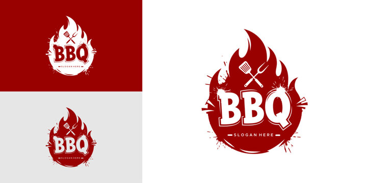 BBQ logo designs on various backgrounds with flame and utensils