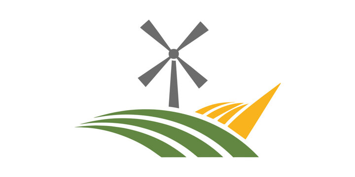 A stylized windmill stands on green hills with a yellow wheat field.
