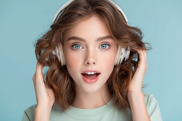 Fototapeta premium A photo of a bright, sunny young woman wearing headphones
