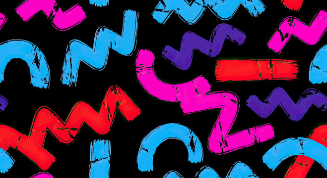 Vibrant Abstract Memphis Style Pattern with Wavy Lines and Shapes.