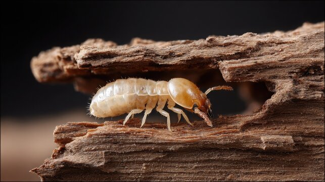 A pale segmented termite larva boring through rough textured wood in a close-up macro view