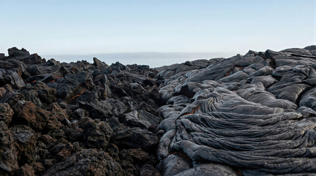 Contrasting textures of jagged Aa and ropey Pahoehoe lava. Volcanic rock field with orange glow in cracks. Geological landscape background