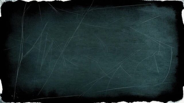 Dark chalkboard with smudged, scratched surface. Edges worn, showing age and frequent use. White chalk lines scattered, chaotic and faded. Perfect backdrop for abstract or educational projects