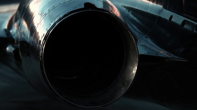 Close-up view of a gleaming metallic jet engine intake, highlighting its intricate engineering and powerful aviation design