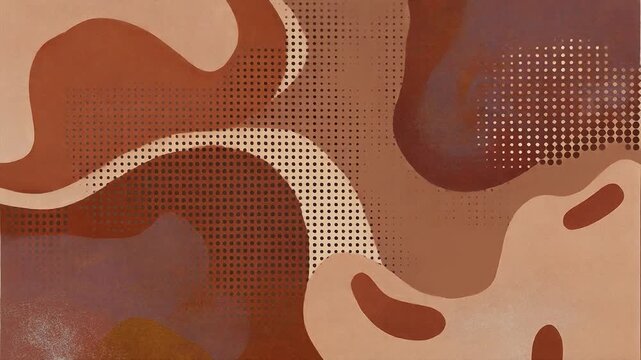 Soft earth tones swirl in abstract, flowing shapes. Dotted textures contrast against smooth, rounded contours. Warm browns and tans create a calming, vintage feel