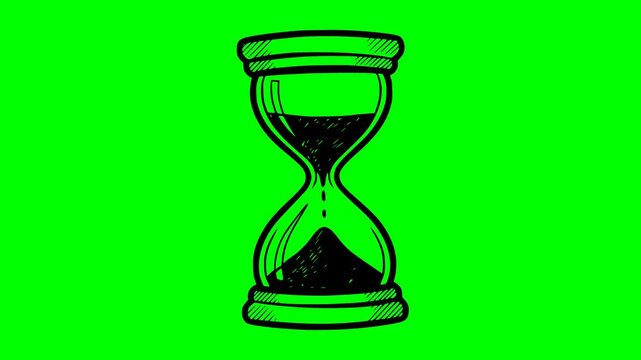 Hand drawn hourglass animation with black fill flowing sand on green screen chroma key background for easy composting. Detailed sketch style representing time management and deadlines