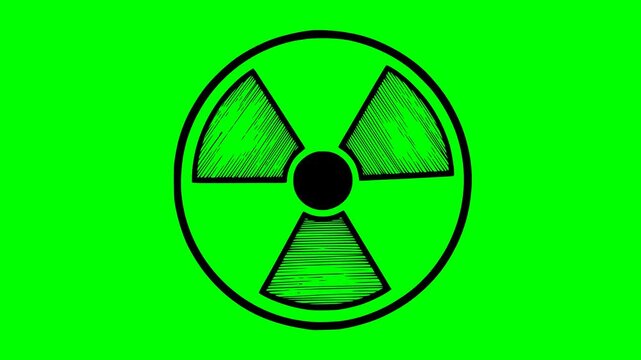 black fill hand drawn radioactive warning symbol animation with on green chroma key background for easy compositing