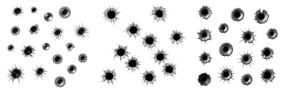 Bullet Holes Set Isolated on White Background, Realistic Gunshot Crack and Damage Effects for Metal or Glass, Military and Crime Scene Graphic Design Elements, Weapon Fire Impact
