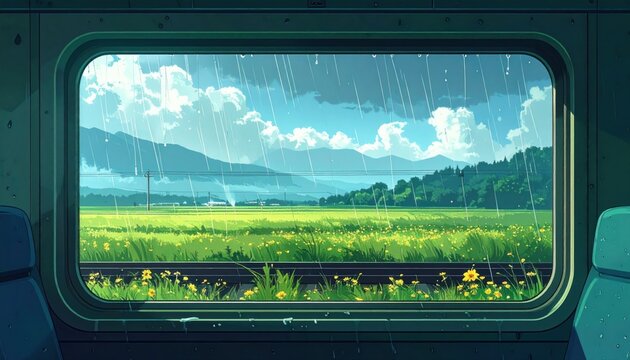 Rainy train window view of vibrant green fields and rolling hills