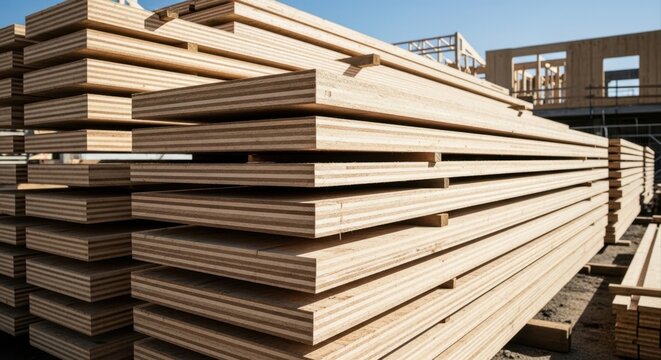 Stack of cross laminated timber panels on construction site with engineered CLT wood building materials and modern sustainable architecture frame in background