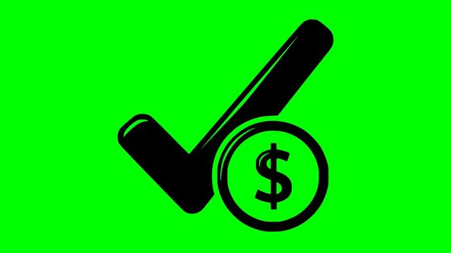 black fill check mark and dollar coin icon animation on green screen chroma key for finance and success concepts