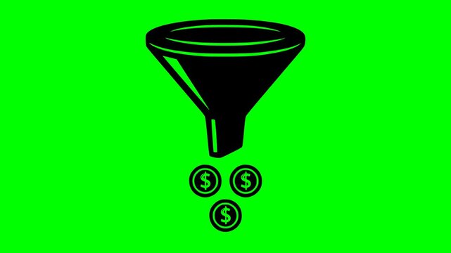 hand drawn illustration of a sales funnel with dollar coins falling down. Black fill style isolated on green screen chroma key background for marketing and business concepts