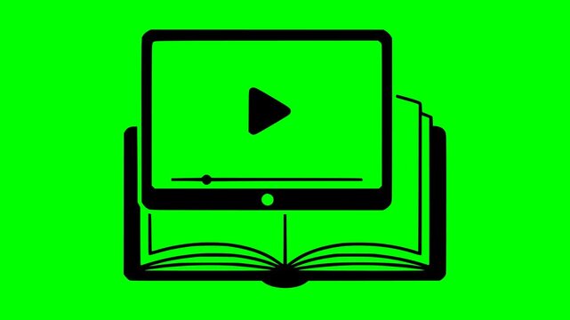 Minimalist black fill icon of a video screen over an open book with a bounce animation on a green screen chroma key background, perfect for e-learning and online study concepts