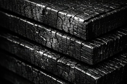 Close-up of stacked shou sugi ban charred wood planks with black burnt texture and silvery reflections in traditional Japanese yakisugi wood background
