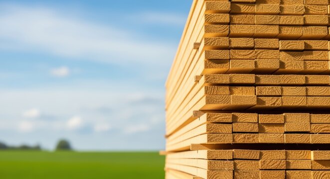 neat stack of fresh yellow construction lumber and timber planks on building site with blurred green field and blue sky background, raw industrial material, woodworking, carpentry concept