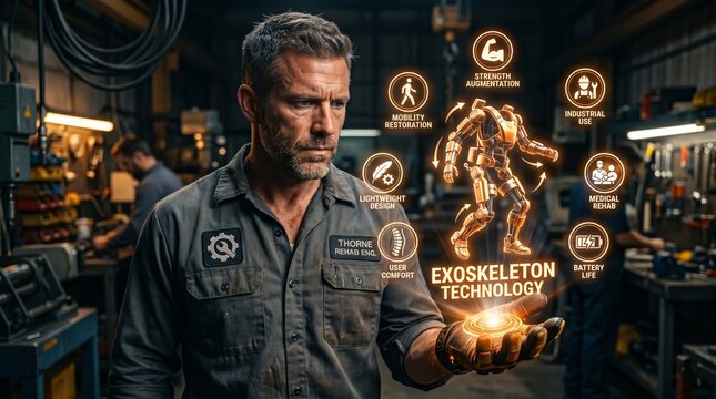 Man in workshop displays holographic exoskeleton technology, highlighting strength augmentation, mobility restoration, and lightweight design.