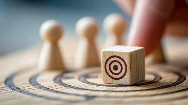 Wooden dice with target symbol placed on concentric circles with game figures in background representing focus strategy and goal achievement in business concept