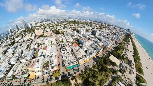 Super fisheye aerial fpv footage Miami Beach Ocean Drive