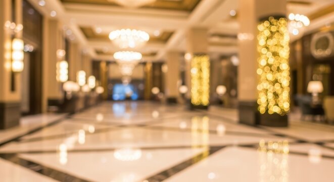 Defocused luxury hotel lobby and premium corporate building entrance showing shiny marble floors and warm chandelier lighting bokeh. Elegant abstract background for hospitality designs