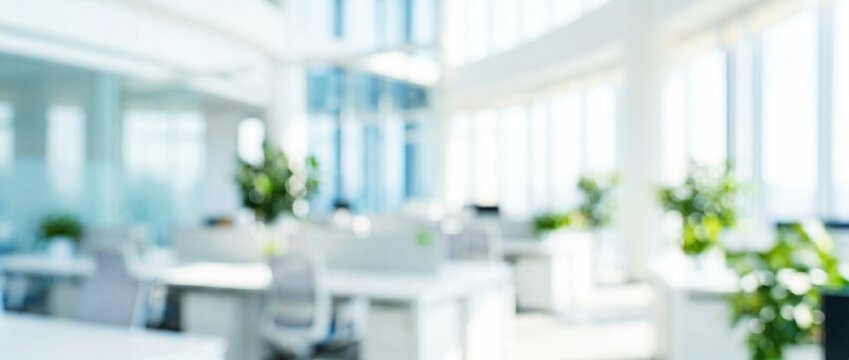 Wide blurred bright airy open plan office interior with green plants, white desks and chairs bokeh for business website header banner, corporate workspace background, sustainability, eco