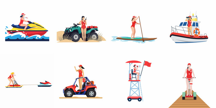 Set of diverse female lifeguard rescue team illustrations using various vehicles including jet ski, boat, ATV, and tower for beach safety.