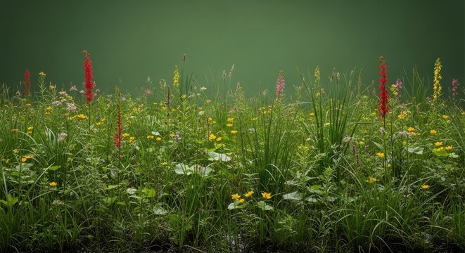 Alpine Meadow Bloom Lush Mountain Flora Vibrant Red Asphodel and Golden Buttercups in a Tranquil Overcast Setting Depicting Nature's Resilience and Beauty at High Altitude Serenity
