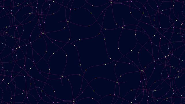 Abstract footage of curved flowing lines and glowing dots forming a digital network pattern on a dark blue background, ideal for technology, data, and connection themes