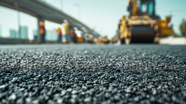 Freshly paved asphalt road surface with construction workers and heavy machinery working under a clear blue sky near an elevated highway structure