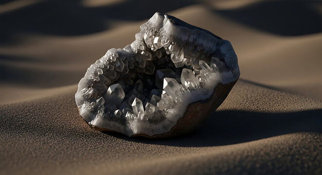 natural geode crystal formation resting on rippled sand dunes at sunrise, earthy tones, raw geological specimen, desert landscape, mineral beauty