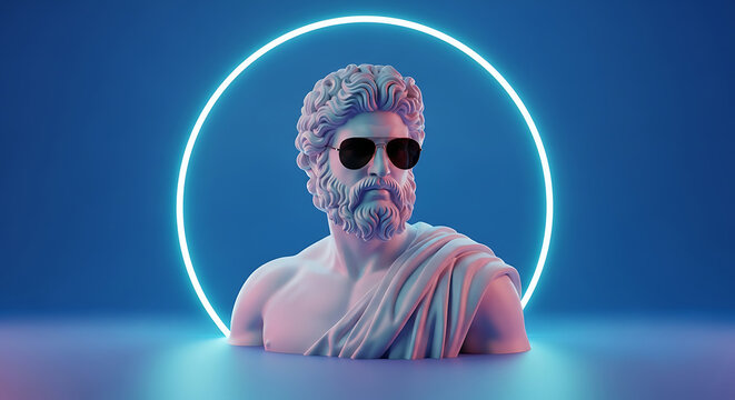Pixelated ancient Greek statue bust wearing sunglasses, illuminated by a neon ring light in a retro-futuristic aesthetic