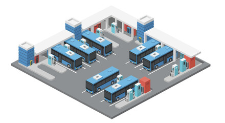 Isometric Bus Station with Multiple Buses and Charging Infrastructure. © Duren