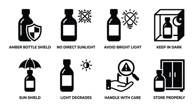 Amber bottle shield no direct sunlight avoid bright light keep in dark sun shield light degrades handle with care store properly.