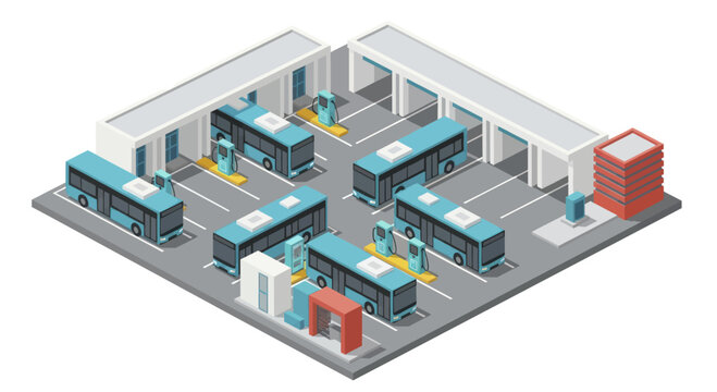Isometric Bus Depot with Multiple Buses and Charging Stations.