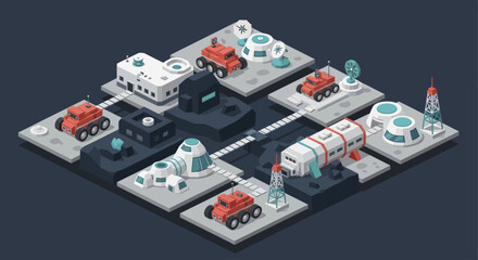 Isometric futuristic space colony with rovers and habitats. © Duren