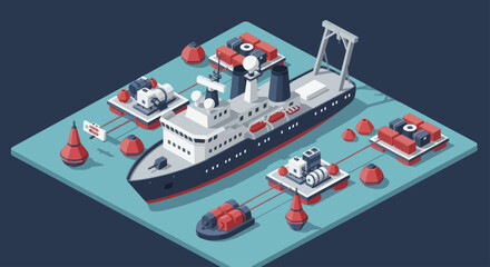 Isometric Icebreaker Ship with Research Equipment on Water Surface. © Duren