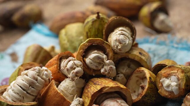Ripe cacao pods cut open to reveal white beans inside, placed on a blue cloth, showing raw ingredients before chocolate production